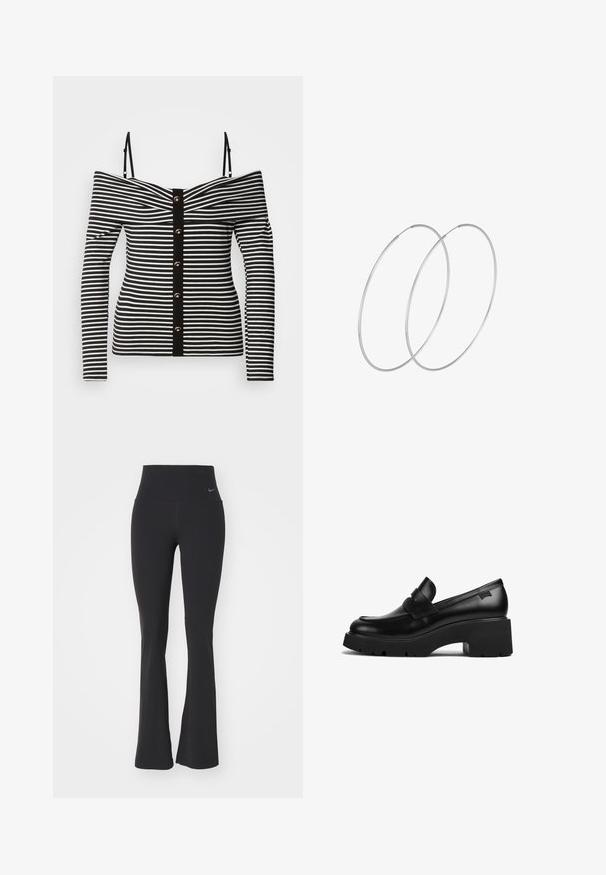 Črno-bele črtaste majice brez naramnic z dolgimi rokavi, z gumbom spredaj in kontrastnim črnim robom. Gladek jerzejski material.; Črne joga hlače z visokim pasom, narejene iz elastičnega materiala. Imajo širok kroj in majhen Nike logotip na pasu.; Črne usnjene molerke s debelim petom in širokim podplatom ter trakom čez zgornji del, prikazane s strani na beli podlagi.; Srebrne uhane v obliki obroča z minimalističnim dizajnom. Krožna oblika, gladka tekstura in tanek profil. Lahki s poliranim zaključkom.