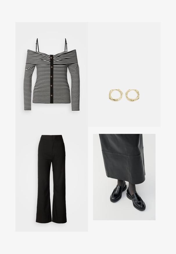 Mustvalge triibuline õlgadelt avatud pluus pikade varrukatega, millel on nööpide ettepingutus ja kontrastne must äär. Sile džersimikangas.; Mustad laiad püksid sujuva tekstuuriga, kõrge vöökoht ja puhas disain. Ei ole nähtavaid taskuid ega dekoreerimist.; Mustad nahast loafertossud sileda pinnaga, dekoratiivse rihma, ümarate varvaste ja tekstuuriga tallaga. Kanda pikkade mustade nahkseelikutega.; Kuldsete rõngaskõrvarõngaste tekstuuriga, ebakorrapärane kuju. Omab sujuvat lukustust ja poleeritud pinnatöötlust, rõhutades kaasaegset disaini.