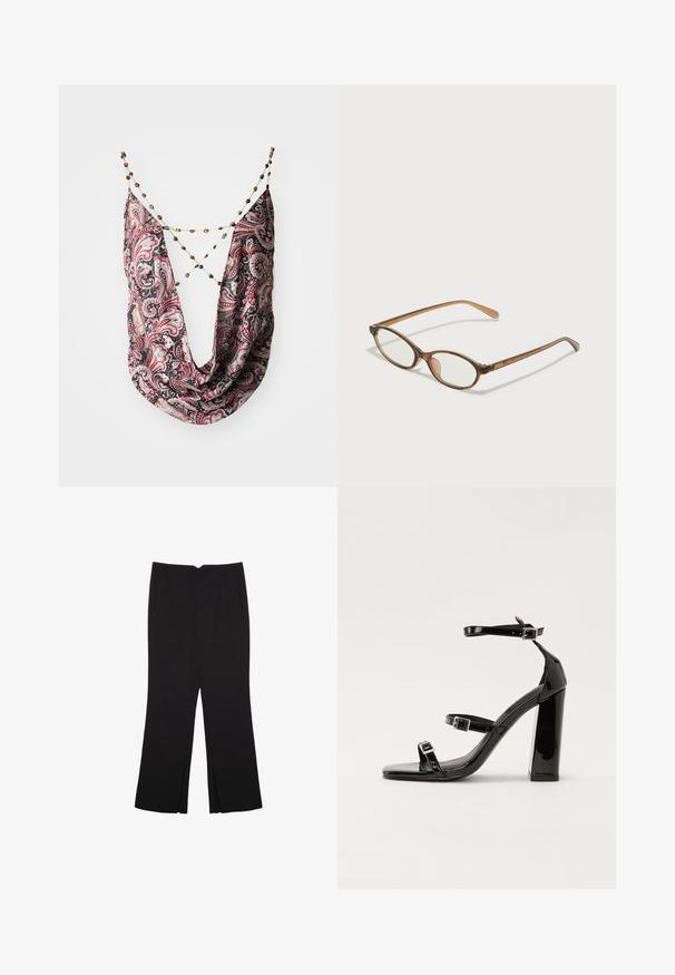 Črna in rdeča šal s paisley vzorcem in drapirano zasnovo. Ima verižni spojnik z različnimi barvnimi biseri. Mehka tekstura tkanine.; Črne hlače ravnega kroja z naglavnimi žepi in stranskimi razporki na robu. Narejene iz mehke, gladke tkanine. Primerne za različne priložnosti.; Črne lakirane sandale s peto, kvadratnim prstom, trakovi okrog gležnja in srebrnimi zaponkami. Opremljene so s stabilno Debelo peto.; Rjavo želvovina očala z ovalnimi lečami, tankimi ročaji in prosojnimi detajli. Imajo subtilen logo na templetu. Eleganten, lahek dizajn.