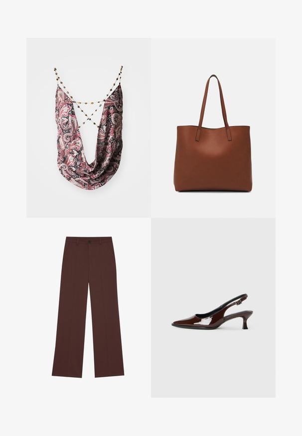 Šála s paisley vzorem v černé a červené barvě s drapovaným designem. Obsahuje řetízkový spoj s korálky různých barev. Měkká textura látky.; Kalhoty s širokými nohavicemi vyrobené z bohaté hnědé látky. Obsahují zapínání na knoflík, dvě přední kapsy, hladkou texturu a čisté linie.; Hnědé lakované kožené slingback boty s špičatou špičkou a mírným podpatkem. Disponují přezkou pro bezpečné upevnění. Hladký povrch.; Hnědá kožená taška přes rameno s hladkou texturou, otevřeným designem a dvěma ramenními popruhy. Obsahuje minimální švy a žádné viditelné kovové prvky.