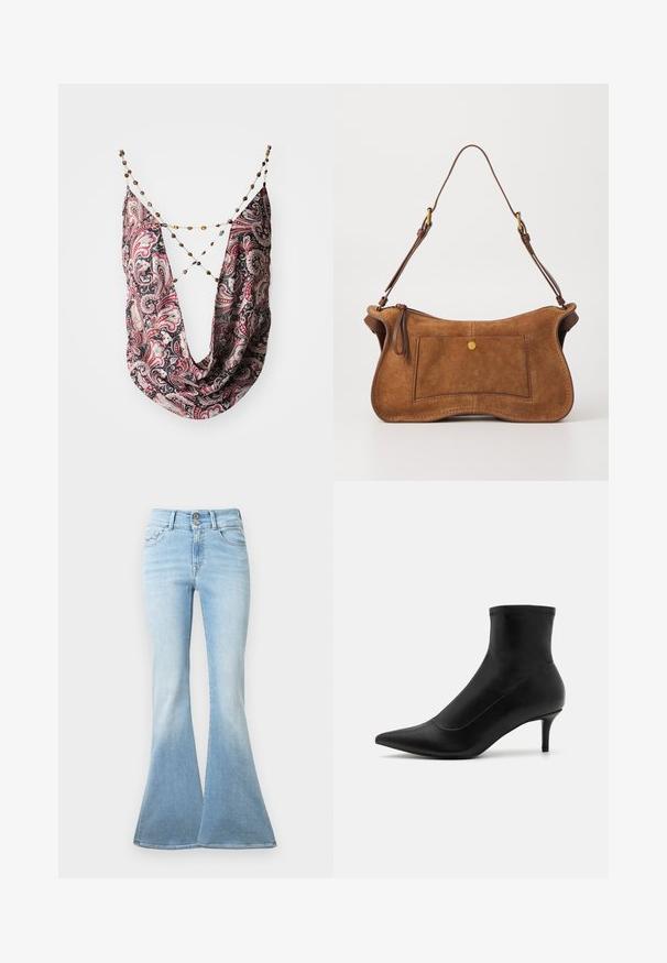 Sorte og røde paisley-mønstrede tørklæde med draperet design. Har en kædeforbindelse med perler i forskellige farver. Blødt stof tekstur.; Lyseblå flagrende jeans lavet af denim. Har høj talje med to knapper og let blegning mod kanten. Klassisk fem-lomme design.; Sorte ankelstøvler i glat læder med spids tå og en kort, tynd hæl. Har et sømløst design og subtile stikninger.; Dolce Vita JOSIE - Håndtasker - pecan; Guldfarvede øreringe med en glat, rund form, der har en reflekterende overflade og en stift, der sikrer en sikker pasform.