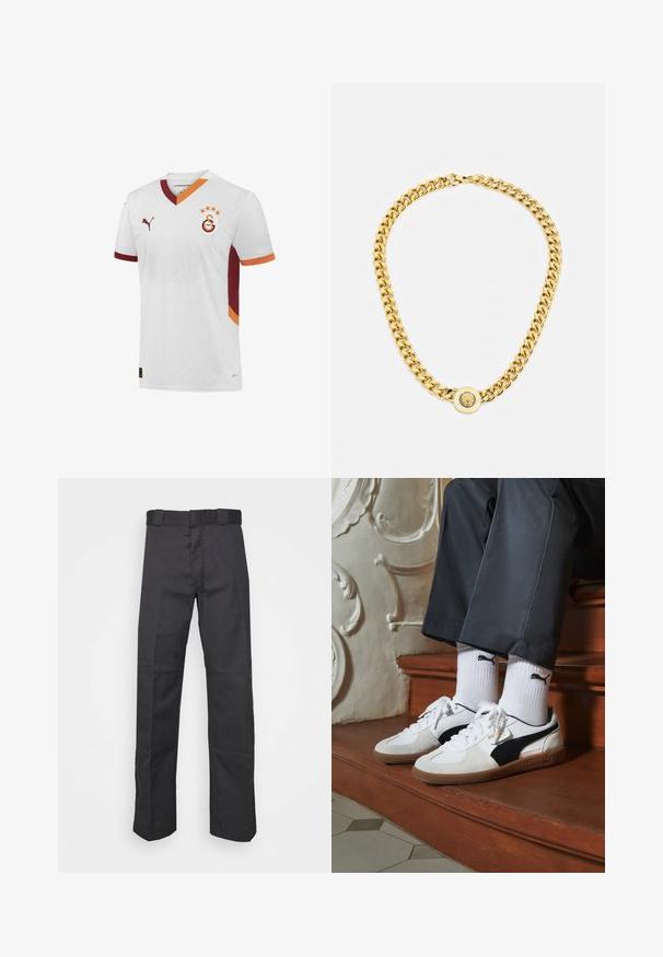 Bela nogometna majica z rdečimi in oranžnimi akcenti. Ima v-izrez, klub logo in valovito patterned teksturo po celotnem materialu.; Črne hlače iz trpežnega blaga, z ravnim krojem, pasom z zankami za pas in šivi za dodano teksturo.; Puma superge v beli in črni usnjeni izvedbi, sročene s rjavim gumijastim podplatom. Usklajene z belimi nogavicami z črnim logotipom, nosijo se s temnimi hlačami.; Zlata verižica z velikimi medsebojnimi povezavami, ki ima v središču krožni obesek z izbočenim grbom.