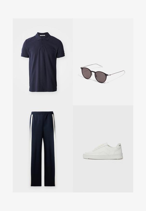 Námornícky modrá polokošeľa vyrobená z bavlny, s klasickým golierom, troj gombíkovou légou a decentným vyrazeným logom značky na hrudi.; Námornícke teplákové nohavice s širokým strihom, s vertikálnymi krémovými pruhmi po stranách. Vyrobené z mäkkého, textúrovaného materiálu s elastickým pásom.; Biele kožené tenisky s hladkým povrchom, okrúly špičkový dizajn, ploché šnúrky a textúrovaná podrážka. Obsahujú jemné logo na päte.; Čierne okrúhle slnečné okuliare s tmavými sklami a tenkými kovovými ramenami. Obsahujú priehľadné konce rámov a strieborné akcenty na pántoch. Minimalistický dizajn.