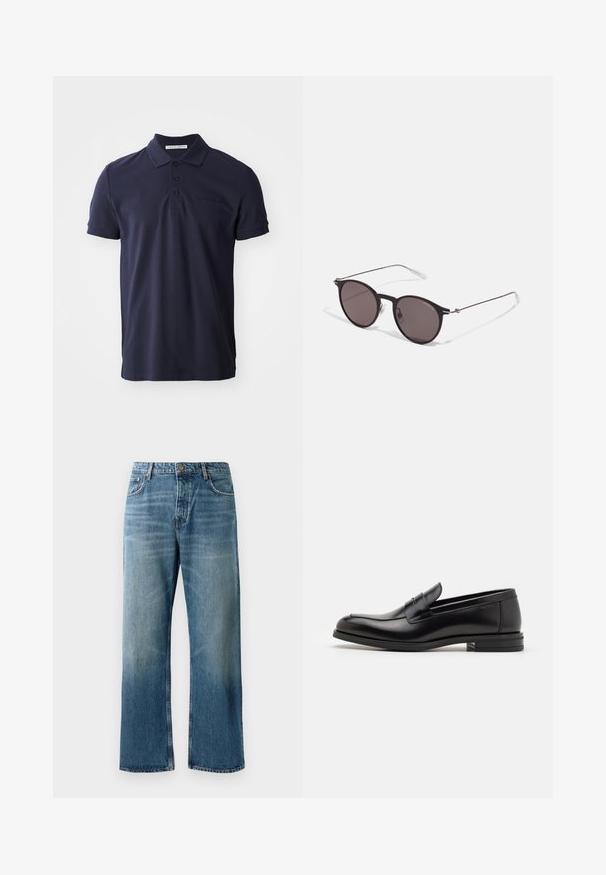 Tummansininen pöytä-polo-paita, joka on valmistettu puuvillasta. Paidassa on klassinen kaulus, kolme nappia ja hienovaraisesti kohokuvioitu brändilogo rinnassa.; Vaaleansiniset leveät farkut haalistuneella pesulla, joissa on nappisulku, viisi taskua ja erottuva tikkaus.; Mustat nahkakengät, joissa on sileä pinta, pyöreä kärki ja koristeellinen nauha jalkapöydän yli. Matala pinoitu koroke, minimalistinen muotoilu.; Musta pyöreä aurinkolasit tummilla linsseillä ja kapeilla metallikehyksillä. Sisältää kirkkaat temppelet ja hopeiset yksityiskohdat saranassa. Minimalistinen muotoilu.