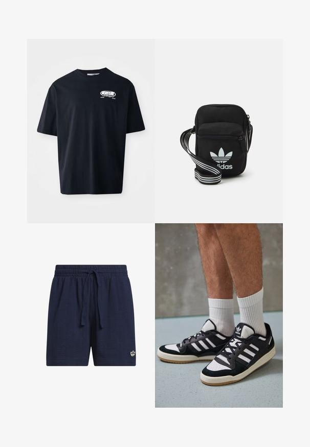 Juodas medvilninis marškinėliai su trumpomis rankovėmis, apvalia apykakle ir balta grafika priekyje. Reguliari figūra ir lygus paviršius. Be raštų ar akcentų.; Tamsiai mėlyni sportiniai šortai su elastine liemene ir raišteliu. Tekstūruota, orui pralaidi medžiaga su mažu baltu logotipu apatiniame krašte.; Juodos ir baltos sportinės bateliai su zomšiniu ir odiniu viršumi, su trimis baltomis juostelėmis, perforuota koja ir guminėmis padais.; Juodas audinio per petį nešiojamas krepšys su užtrauktuku, turintis baltą Adidas logotipą ir dryžuotą reguliuojamą diržą patogiam nešiojimui.