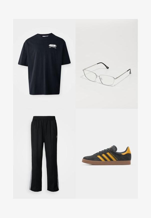 Juodas medvilninis marškinėliai su trumpomis rankovėmis, apvalia apykakle ir balta grafika priekyje. Reguliari figūra ir lygus paviršius. Be raštų ar akcentų.; Juodi sportiniai keliai su elastingu juosmeniu, su baltais šonais ir mažu logotipu. Atrodo, kad medžiaga yra minkšta ir lengva.; Juodas zomšinės sportbačiai su geltonais akcentais, turintys tris juosteles ir rudą gumos padą. Apima paminkštintą liežuvėlį patogumui.; Metaliniai akinių rėmeliai su plonu sidabro rėmu, kampuotais objektyvais, skaidriu stiklu ir juodomis guminėmis detalėmis ant šventyklų galų. Lengvas ir minimalus dizainas.