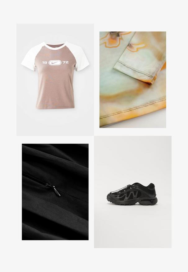 Trumpas rankovėmis marškinėliai su šviesiai rudais kūnais ir baltais raglan rankovėmis, išsiskiriantys dideliu baltu grafikiniu logotipu ir centrinėje dalyje nurodytu metų „1972“.; Minkštas, lengvas audinys su banguotu oranžiniu ir žaliu raštu. Krašto siūlė ant rankovės yra tvarkingai aptrauktas.; Juodas audinys su subtilia tekstūra, su užtrauktuku. Užtrauktukas turi metalinį traukimo elementą, esantį prieš glotnų, krentančio audinio paviršių.; Juodas sportinis batelis su tinklelio viršumi, lenkta forma ir guminėmis padais. Nyjamos elastinės raišteliai ir tekstūruoti akcentai geresniam sukibimui.