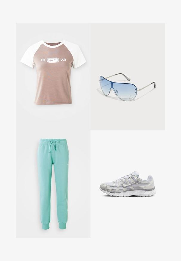 T-shirt κοντής μανικιού με σώμα ανοιχτού καφέ και λευκά ράγλαν μανίκια, που διαθέτει ένα μεγάλο λευκό γραφικό λογότυπο και το έτος "1972" κεντραρισμένο στο μπροστινό μέρος.; Μιντ πράσινες φόρμες με ελαστική μέση, κορδόνι και ριμπ μανσέτες. Διαθέτουν ένα μικρό λευκό λογότυπο Nike στον αριστερό μηρό.; Ανοιχτό γκρι αθλητικά παπούτσια με επάνω μέρος από πλέγμα και συνθετικό υλικό, διαθέτοντας κλείσιμο με κορδόνια, επενδεδυμένο προφιλέο και υφασμάτινη σόλα για καλύτερη πρόσφυση.; Γυαλιά ηλίου aviator με γκριδενά μπλε φακούς, ασημένιο μεταλλικό σκελετό και διακοσμητικά αστέρια στους φακούς. Λείος και κομψός σχεδιασμός.