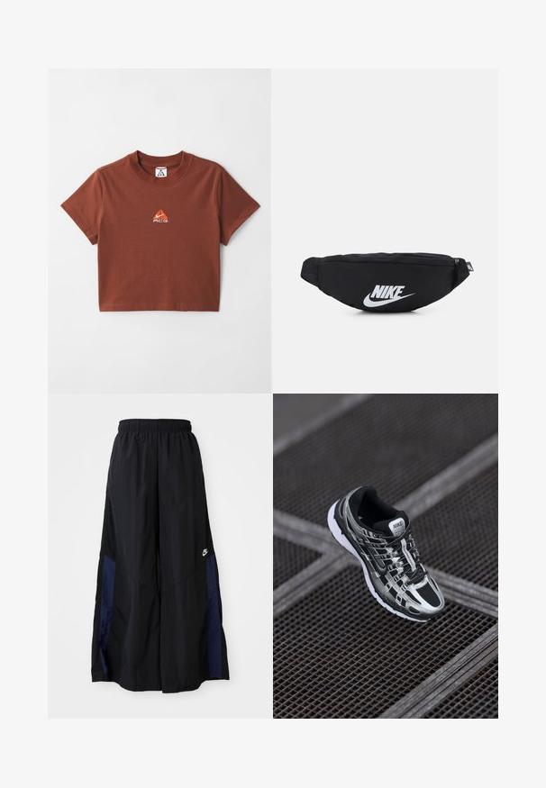 T-shirt de algodão castanho com um pequeno logótipo bordado laranja na área do peito e um design clássico de decote redondo. Mangas curtas.; Calças largas pretas feitas de tecido leve, com um painel lateral azul-marinho e cintura elástica. Pequeno logótipo branco na parte inferior.; Sapatilha de corrida Nike com um esquema de cores preto e prateado, parte superior em malha, sola texturizada e sistema de atacadores para um ajuste seguro.; Mochila de cintura preta em nylon com fecho com zíper, apresentando um grande logótipo branco da Nike. Textura suave e design ergonómico para um uso confortável.