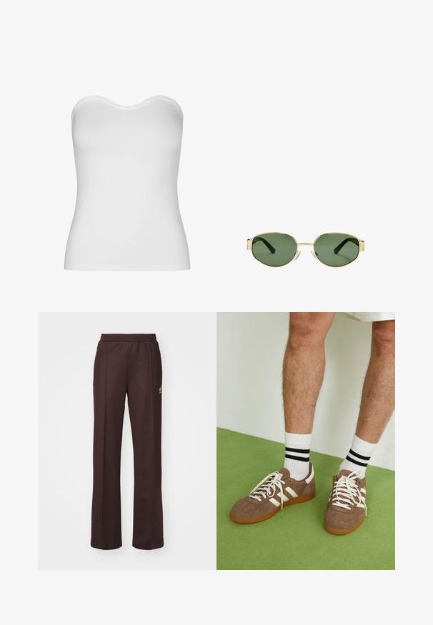 Bílý bezramínkový top vyrobený z lehké elastické tkaniny. Vyznačuje se hladkým povrchem, zakřiveným výstřihem a přiléhavým střihem. Žádné viditelné švy.; Hnědé sportovní kalhoty s elastickým pasem, dvěma postranními kapsami a malým logem na levé straně, vyrobené z měkké tkaniny.; Hnědé semišové tenisky s bílými akcenty a tkaničkami. Gumová podrážka. Nošeny s bílými ponožkami s černými pruhy. Zelená strukturovaná podlaha.; Sluneční brýle s metalickým zlatým rámem, zelenými skly, oválného tvaru, s černými stranicemi a průhlednými nosními podložkami. Čistý, minimalistický design.