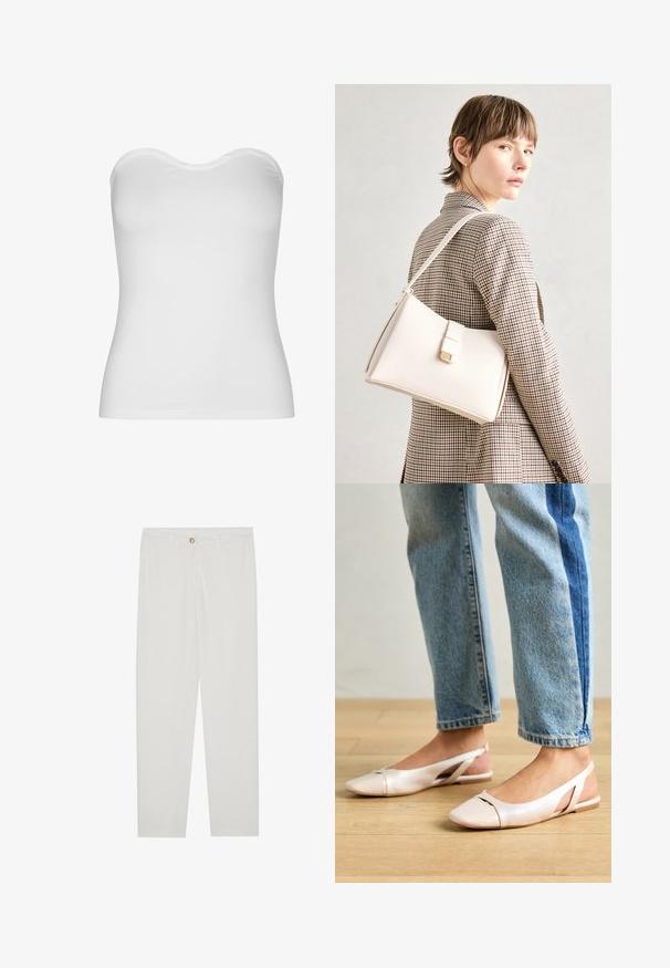Fehér, pánt nélküli felső, könnyű, rugalmas anyagból. Simaként kialakított, ívelt nyakkivágással és testhezálló fazonnal rendelkezik. Nincsenek látható varratok.; Fehér, testreszabott nadrág egyenes szárú szabással, gombos záródással, övcsatolókkal és oldalsó zsebekkel; sima textúrájú anyag.; Világos rózsaszín slingback laposlábú cipők, hegyes orral, sima bőrhatású anyagból készült. Oldalt kivágott részletek találhatók rajta, valamint lapos sarkú.; Fehér bőr táska strukturált dizájnnal, mágneses záródással és vállpánttal, semleges háttér előtt bemutatva.