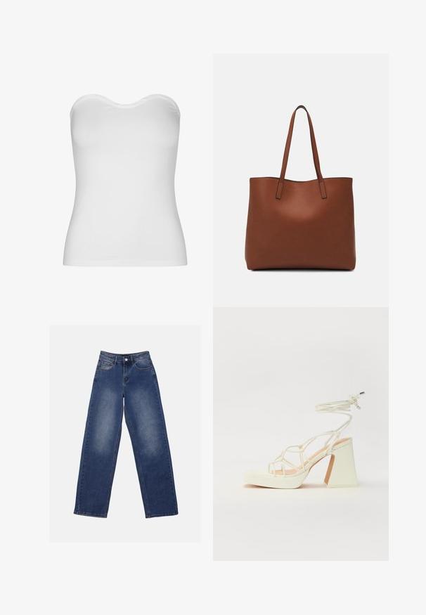 Fehér, pánt nélküli felső, könnyű, rugalmas anyagból. Simaként kialakított, ívelt nyakkivágással és testhezálló fazonnal rendelkezik. Nincsenek látható varratok.; Anna Field Széles szárú - blue wash; Fehér, magassarkú szandál vastag sarokkal, pántos dizájnnal és bokapánttal. Sima textúra, elülső platformmal a megnövelt magasság érdekében.; Barna bőr vászontáska sima textúrával, nyitott tetejű dizájnnal és két vállpánttal. Minimális varrással és látható hardver nélkül készült.