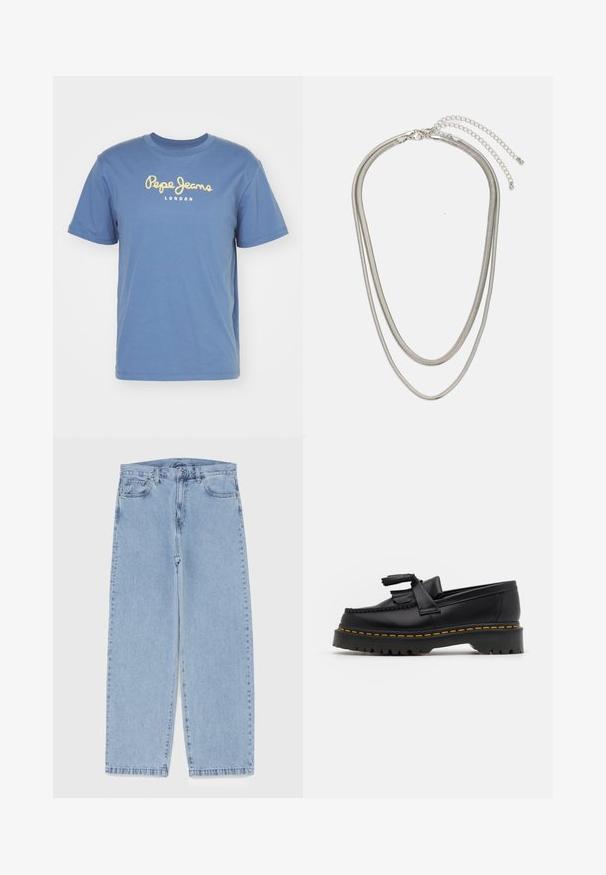 Pepe Jeans EGGO - Apdrukāts T-krekls - sea blue; Gai zila džinsu bikses ar taisnu kāju dizainu, kas piedāvā vidēju vidukļa augstumu, piecas kabatas un pogas un rāvējslēdzēja aizdari.; Melnas ādas mokasīni ar pērlītēm uzsvaru, ar masīvu melnu zoli un dzeltenu šuvumu gar malu. Ar teksturētu apdari.; Trīslīmeņu sudraba metāla kaklarota ar gludām, elastīgām ķēdēm, kas spīd, droši piestiprināta ar omā uzgali un regulējamu ķēdi.