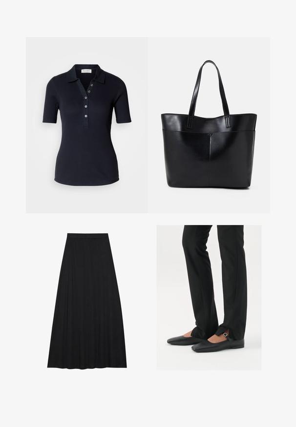 Tumši zils ribots polo krekls ar īsām piedurknēm, trīs pogu aizdare un apkakle. Gluda tekstūra un pieguļoša piegriezums. Nav redzamu rakstu.; Melnā maxi svārki, izgatavoti no maiga, plūstoša auduma. Tam ir elastīga josta un pilna, A-līnijas siluets ar gludu tekstūru.; Melni ādas baleta zābaki ar smailo purngalu, siksniņa ar sudraba sprādzi, kombinēti ar melniem tailētiem biksēm ar šķēluma apakšdaļu.; Melnas ādas iepirkumu soma ar divām garām rokturām, gludu tekstūru un strukturētu formu. Iekļauj priekšējo kabatu papildu uzglabāšanai.; Sudraba riņķveida auss gredzeni ar gludu, pulētu apdari. Apaļa forma un drošs klikšķa augšējais slēgums. Viegls dizains, kas piemērots ikdienas valkāšanai.