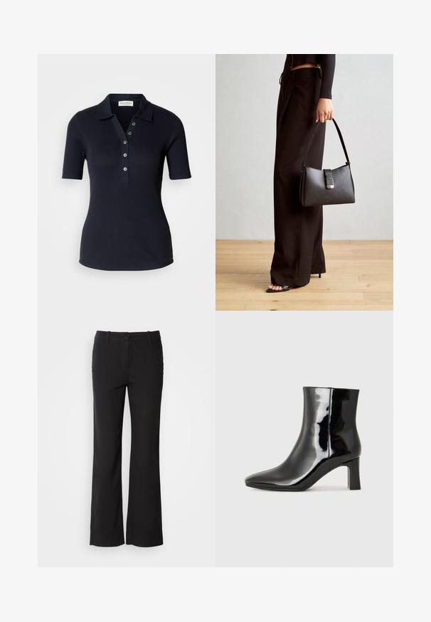 Sötét tengerészkék bordázott póló, rövid ujjal, három gombos állítással és gallérral. Simaság és szűkített forma jellemzi. Nincs látható minta.; Fekete pamut keverék nadrág egyenes szárú dizájnnal, elülső gombos záródással és két oldalsó zsebbel. Simára kialakított textúra, nincs látható minta.; Fekete lakk bőrcipő bokáig érő, hegyes orral és közepes magasságú tömbsarokkal. Simább textúrával és minimalista dizájnnal rendelkezik.; Fekete kézi táska strukturált formával, sima textúrával és fémből készült záródással. Széles fekete nadrággal és nyitott orrú szandállal párosítva, fából készült padlón.