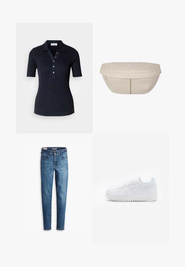 Polo shirt a righe di un blu navy scuro con maniche corte, patta con tre bottoni e colletto. Tessuto liscio e design aderente. Nessun motivo visibile.; Jeans skinny a vita alta in denim azzurro chiaro. Presentano cinque tasche, chiusura con bottone frontale e un classico dettaglio di cucitura in tutta la superficie.; Sneaker piattaforma bianche con texture in pelle liscia, dettagli perforati e lacci piatti; presenta una robusta suola in gomma bianca.; Pochette in tessuto beige dalla forma arrotondata, con parte superiore piatta e dettagli di cucitura sottili. Include un logo minimalista e una strap laterale.