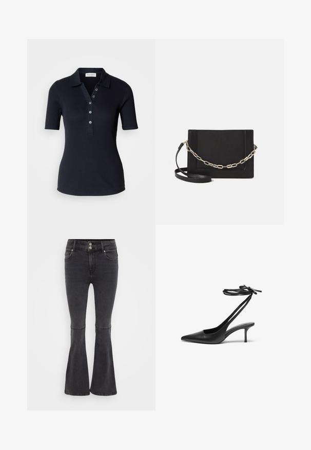 Tume mere polo särk lühikeste varrukatega, kolme nööbiga kinnitusega ja kraega. Sile tekstuur ja keha lähedane disain. Ilma nähtavate mustriteta.; Mustad mustad teksad, millel on kõrge vöökoht, topeltnööp sulgemine ja esipo pocketitega, millel on puhas viimistlus.; Must musta stiletto kingad terava ninaga, avatud seljaosa ja pahkluu rihmadega, mis on seotud kaareks. Kitsa 3-tollise kontsaga. Sile tekstuur, minimalistlik disain.; Mustast nahast õlakott, mis omab siledat tekstuuri, ristküliku kuju ning esiküljel metallketi detaili. Reguleeritav rihm on kaasas.; Hõbedane kahekordne rõngas sujuva, poleeritud pinnaga. Omab voolavat, kõverat disaini, millel on kattuvad sektsioonid, et saavutada kaasaegne ilme.