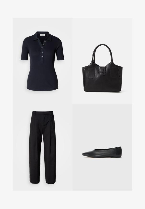 Polo em azul marinho escuro com nervuras, de mangas curtas, com um fecho de botão de três peças e colarinho. Textura suave e design ajustado. Sem padrões visíveis.; Calças pretas com um corte descontraído, frente plissada e passadores para cinto. Tecido suave e pernas retas, com bolsos laterais.; Bailarina de couro preto, bico fino, design minimalista, textura suave, salto baixo, sem hardware ou embelezamentos visíveis.; Bolsa tote de couro preta com textura suave, forma estruturada, duas alças e um destaque prateado proeminente na parte da frente.
