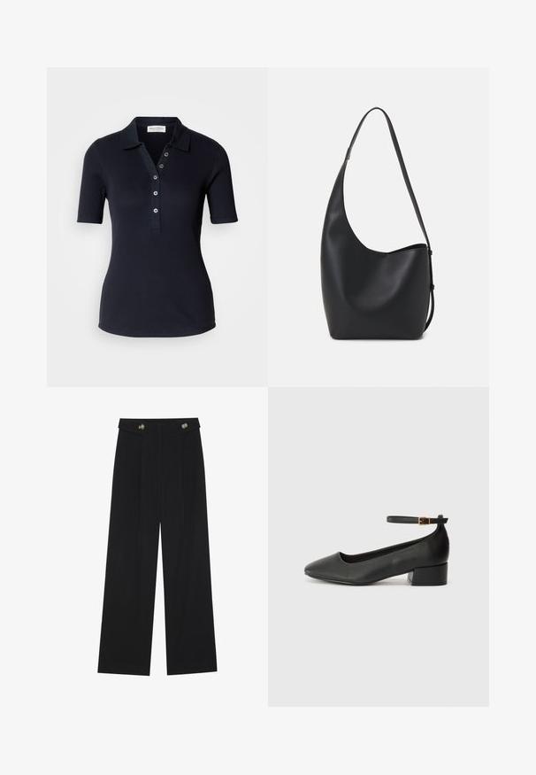 Temno mornarsko modra polo majica z kratkimi rokavi, z zapenjanjem na tri gumbe in ovratnikom. Gladka tekstura in prilega. Ni vidnih vzorcev.; Črne široke hlače s visokim pasom, gumbnimi detajli na pasu in sprednjimi gubami.; Črne usnjene pumpice z nazobčanimi prsti in nizko blokasto peto. Imajo trak okoli gležnja z zaponko v zlatem tonu. Gladka tekstura.; Črna usnjena hobo torba z gladko teksturo, ukrivljeno obliko in eno nastavljivo naramnico; ima širok odprtina na vrhu.