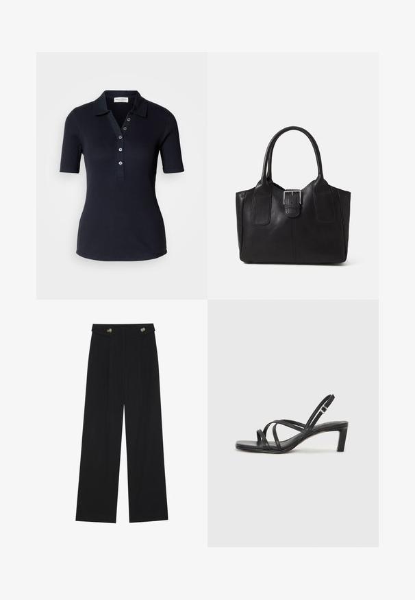 Temno mornarsko modra polo majica z kratkimi rokavi, z zapenjanjem na tri gumbe in ovratnikom. Gladka tekstura in prilega. Ni vidnih vzorcev.; Črne široke hlače s visokim pasom, gumbnimi detajli na pasu in sprednjimi gubami.; Črne natikače s trakovi in kvadratnim prstom ter nizkim blokastim peto. Imajo več tankih trakov in nastavljiv trak okoli gležnja. Narejene so iz gladkega usnja.; Črna usnjena torba s gladko teksturo, strukturirano obliko, dvema ročkama in izrazitim srebrnim sponko na sprednji strani.