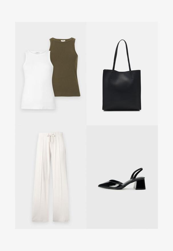 Kaks ilma varrukat tipp: üks valge, siledast kangast, ja teine oliivroheline ribakuidest. Mõlemal on ümmargune kaelus.; Heledad beežid püksid, mis on valmistatud pehmest kangast, millel on paelaga vöökoht, laiad sääred ja vertikaalsed õmblused, lisaks sujuv tekstuur.; Mustad musta lakknahk kingad, millel on terav varvas ja geomeetriline plokkkonts. Omab elegantselt minimalistlikku disaini ja sujuvat tekstuuri.; Mustast nahast kott sujuva tekstuuriga, ristkülikukujuline ja kahe pika sangaga. Pole nähtavat riistvara ega kaunistusi.