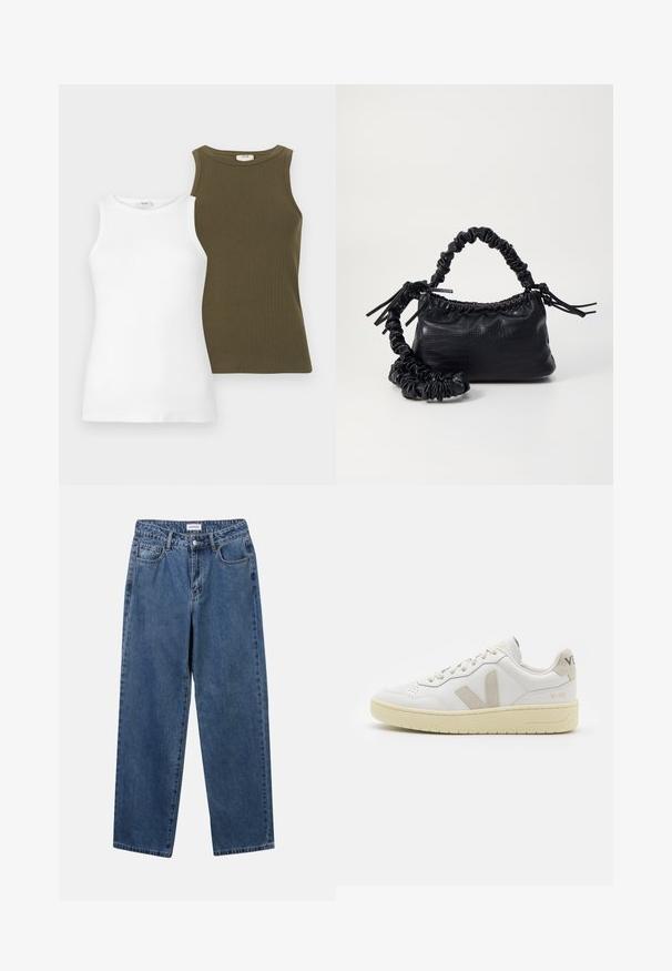 Du miegantys marškiniai: vieni balti, pagaminti iš lygaus audinio, ir vieni alyvuogių žalios spalvos su griovelių tekstūra. Abu turi apvalius kaklo iškirpimus.; Klasikiniai mėlynos džinsinio audinio džinsai su tiesiomis kojomis, penkiomis kišenėmis ir mygtukų uždarymu. Pasižymi vidutiniu skalbimu ir tvirtu audiniu.; Balti odiniai sportbačiai su kreminiais zomšos akcentais, perforuota pirštų dalimi, plokščiomis raišteliais ir struktūruota kreminėmis padomis. Ant kulno yra subtilus ženklinimas.; Juodas dirbtinės odos rankinė su krokodilo tekstūra, sušnibždinta viršuje ir susikraipytu dirželiu. Atrodo minkšta ir kompaktiška.