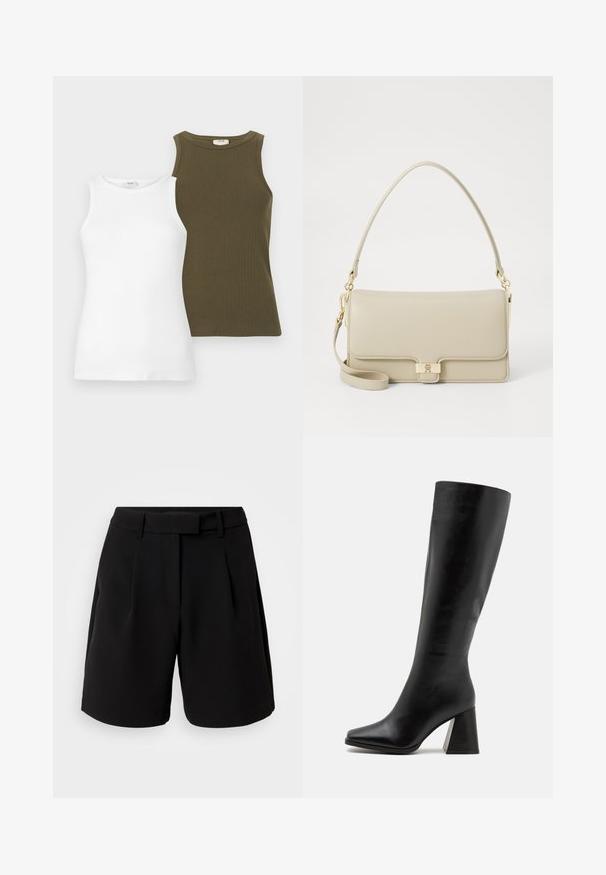 Két ujjatlan felső: az egyik fehér, sima anyagból készült, a másik olívazöld, bordázott textúrával. Mindkettő kerek nyakkivágással rendelkezik.; Fekete, szabott sort, sima anyagból, magas derekú, redőkkel, övgyűrűkkel és oldalsó zsebekkel, letisztult kialakítással.; Fekete, térd fölé érő csizma, sima bőrből készült, négyzet alakú orral és tömzsi, textúrált sarokkal. Egyszerű és letisztult dizájn.; Beige bőr kézitáska, strukturált formával, arany színű zárakkal és levehető vállpánttal. Sima textúra és minimalista dizájn.