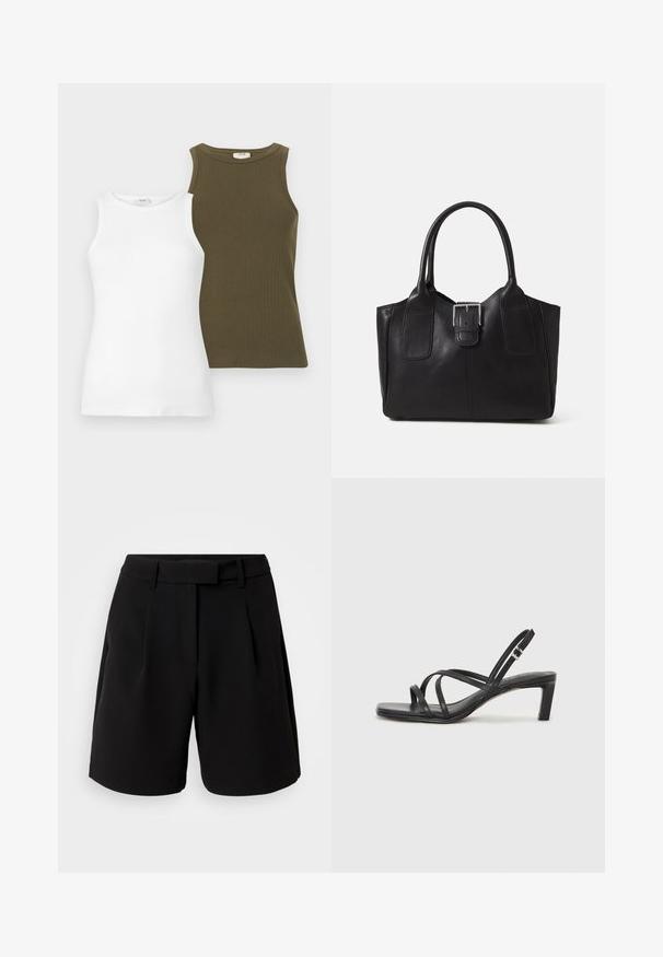 To sleeveless topper: en hvit laget av glatt stoff og en olivengrønn med ribbestruktur. Begge har rund hals.; Svarte skreddersydde shorts laget av glatt stoff, med høy midje, legg, beltehempler og sidelommer, med et rent design.; Sorte sandaler med stropper, firkantet tå og lav blokk hæl. Har flere tynne stropper og en justerbar ankelstropp. Laget av glatt lær.; Svart skinn toteveske med jevn tekstur, strukturert form, to håndtak og en fremtredende sølvspenne foran.