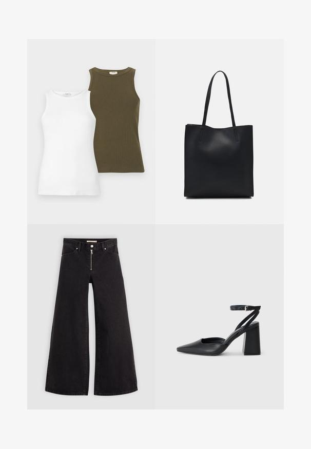 To sleeveless topper: en hvit laget av glatt stoff og en olivengrønn med ribbestruktur. Begge har rund hals.; Vide benbukser i sort denim med glidelås i front, fem-lomme design og subtile sømdetaljer. Glatt tekstur og avslappet stil.; Svart lær pumps med spiss tå, ankelrem og kraftig hæl. Flat tekstur, strømlinjeformet design og minimalisme.; Svart lær tote bag med glatt tekstur, rektangulær form og to lange håndtak. Ingen synlige deler eller dekorasjoner.