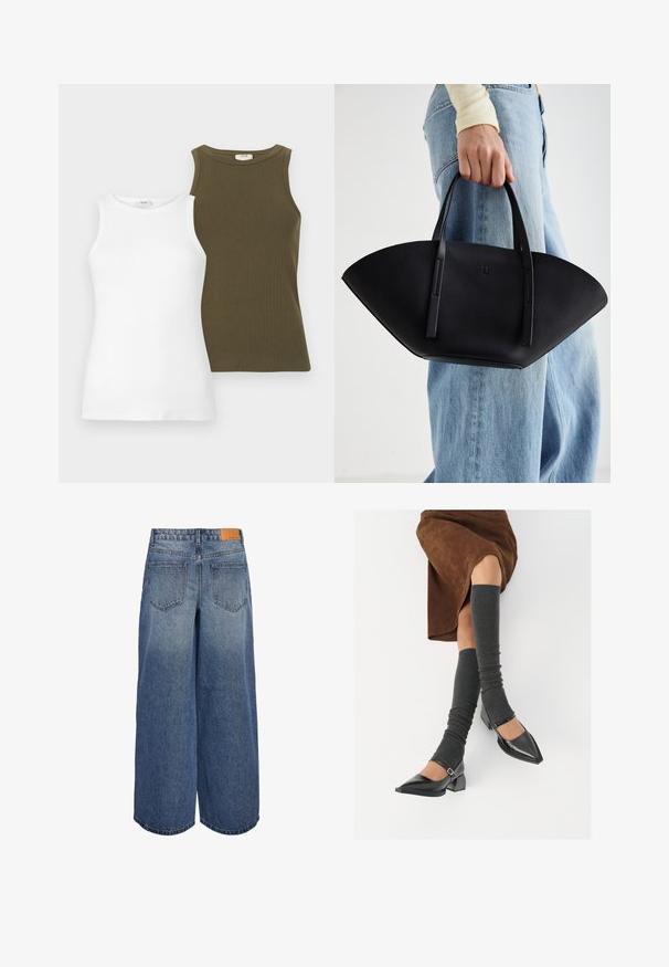 Divi bezpiedurkņu topi: viens balts, izgatavots no gludas auduma, un viens olīvu zaļš ar ribotu tekstūru. Abiem ir apaļi kakla izgriezumi.; Platas kāju džinsa kulotes vidēji zilā tonī ar izbalējušu tekstūru, ar divām aizmugurējām kabatām un brūnu ādas zīmola birku uz jostas.; Melnas laka ādas apavi ar norādītu purngalu, blokveida papēdi un potīšu jostu, saskaņoti ar pelēkām ribotām kāju sildītājām un brūnu zamšādas svārku.; Melnas ādas rokassoma ar unikālu ventilatora formu, aprīkota ar plakaniem rokturiem. Virsma ir ar graudainu faktūru un minimālistisku dizainu.