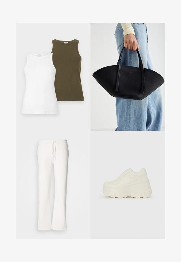 Duas blusas sem mangas: uma branca, feita de tecido liso, e uma verde-oliva com textura canelada. Ambas possuem decote redondo.; Calças de fato brancas, de corte descontraído, feitas de um tecido macio, com um cós elástico e um cordão de ajuste, apresentando um design de pernas retas.; Tênis brancos de plataforma com um cabedal suave semelhante a couro, formato arredondado, colarinho acolchoado e sola de borracha texturizada com ranhuras bem definidas.; Bolsa de mão em couro preto com uma forma única em leque, apresentando alças planas. A superfície tem uma textura pebble e um design minimalista.