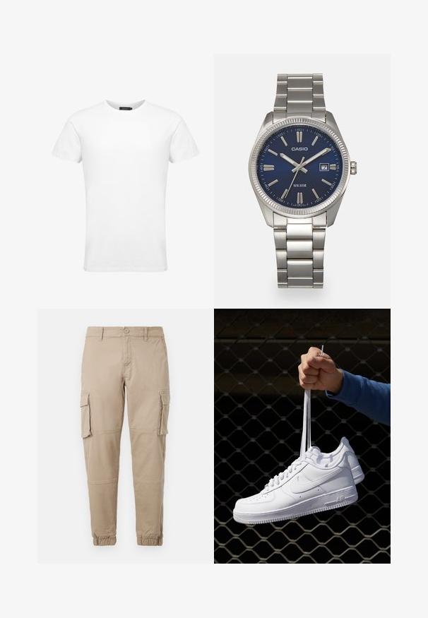 Valge lühikeste varrukatega ümar kaelusega T-särk. Valmistatud puuvillast, millel on sile tekstuur ja lihtne, klassikaline disain.; Beežid cargo-püksid kergest puuvillaste materjalist. Omab elastseid varrukatükke, mitmeid külgpocket'ite ja nööbiga sulgemist.; Valged nahast tennisetossud, millel on perforatsioonid, ümar nina, lame tallus ja paksud nöörid, nähtava swooshi logoga ja "AIR" kontsadel.; Hõbedane roostevabast terasest käekell, tumesinise lõpliku, metallsete tuntud numbrite ja kuupäevanäidikuga kell 3 juures. Veekindel kuni 50 meetrit.