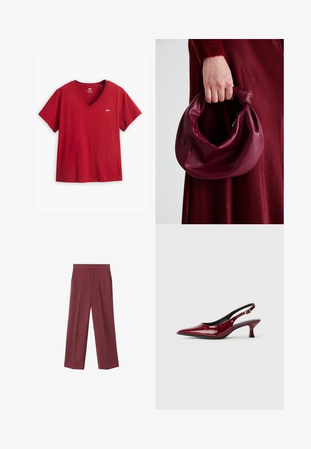 Levi's® Plus PERFECT V NECK TEE - Navadna majica - sundried tomato; Maroonske široke hlače z gladko teksturo, ki imajo stranske žepke in visok pas. Prilagojene z čistim sprednjim pregibom.; Burgundske paten kože slingback pete s oštrim nosom i elegantnom stiletto petom. Dizajn s otvorenom stražnjom stranom s podesivim detaljem na remenu oko gležnja.; Bordo usnjeni ročni torbici s mehak, nabrana zasnova in okrogla oblika. Ročaj je varen in prikazuje gladko teksturo.