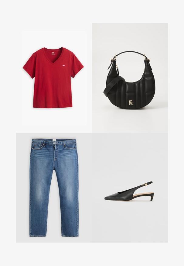 Levi's® Plus PERFECT V NECK TEE - Základné tričko - sundried tomato; Svetlomodré džínsy s rovnými nohavicami, ktoré majú jemné jemné vyblednutie, päť vreciek a meďou dekorované prvky.; Čierne kožené sandále na podpätku s špicatou špičkou, nízkym podpätkom a nastaviteľným členkovým remienkom s pozlátenou prackou. Hladký povrch.; Čierna kožená kabelka so zakriveným tvarom, prešitým povrchom a zlatými kovovými doplnkami. Obsahuje odnímateľný ramenný popruh a detail s logom.