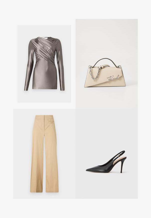 Pitkähihainen paita metallinhohtoisessa taupe-kankassa, jossa on laskostettu etuosa ja teksturoitu yksityiskohta hihoissa. Suora, istuva siluetti.; Hiekanväriset leveälahkeiset housut, jotka on valmistettu puuvillasekoituksesta. Niissä on sileä pinta, joustava vyötärö ja sivunappidetail.; Musta nahkainen slingback-korkokenkä, jossa on teräväkärkinen muotoilu, sileä pinta ja huolellinen hihna, jossa on metallikuva.; Käsveska av beige läder med en strukturerad, triangulär form, utformad med ett handtag av silverkedja och en kursiv logotyp i metall.