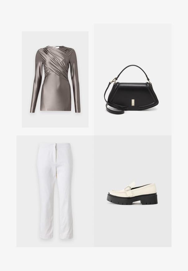 Długi rękaw top w metalicznej tkaninie w kolorze taupe, z drapowanym przodem i teksturowanym wykończeniem rękawów. Gładka, dopasowana sylwetka.; Białe bawełniane spodnie o prostym kroju nogawki, z średnim stanem, bez widocznych elementów metalowych czy wzorów. Gładka tekstura na całej powierzchni.; Białe skórzane mokasyny z grubą czarną platformą, z prostokątną srebrną klamrą i widocznym przeszyciem na cholewce.; Czarna skórzana torebka o strukturalnym designie, z przyciętą formą, górnym uchwytem i złotymi akcentami. W zestawie regulowany pasek na ramię.