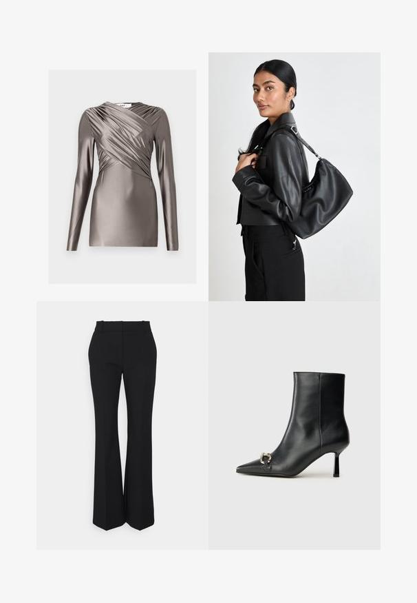 Langarmoberteil aus metallic taupefarbenem Stoff, mit einer drapierten Vorderseite und strukturierten Details an den Ärmeln. Glatte, enganliegende Silhouette.; Schwarze plissierte Hose mit geradem Schnitt, aus einem glatten Stoff gefertigt. Sie hat einen hohen Bund und unsichtbare seitliche Taschen.; Schwarze Leder-Stiefelette mit spitzer Zehe, schlankem, mittelhohem Absatz und silberner Schnalle seitlich vor einem schlichten Hintergrund.; Schwarze Leder-Schultertasche mit glatter Oberfläche, ausgestattet mit einem silbernen Reißverschluss, verstellbarem Riemen und runder Form.