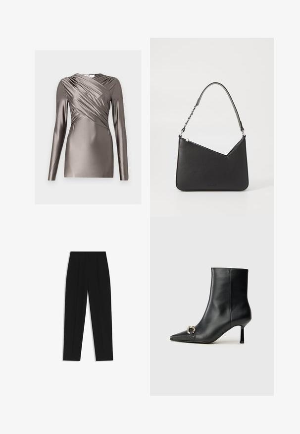 Langærmet top i metallisk taupe stof med draperet frontdesign og tekstureret detaljering på ærmerne. Glat, tætsiddende silhuet.; Sorte bukser med lige pasform, der har dobbelte folder, en glat tekstur og et klassisk taljedesign. Ingen synlige hardware eller accenter.; Sort læder ankelstøvle med spidse tæer, slank hæl i mellemhøjde og sølvspænde detaljer på siden mod en ensfarvet baggrund.; Sort læderhåndtaske i trekantet form med en slank rem og sølv hardware. Har lynlås-lukning og prægede logo på forsiden.