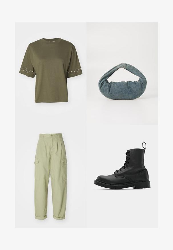 Soe rohelise lühikeste varrukatega T-särk, mis on valmistatud puuvillast ja millel on õhuline lõige, esitades kaunistatud kivid varrukatel, et lisada detailidele sära.; Heledad rohelised cargo püksid, valmistatud puuvillakangast. Omavad kõrget talje, volditud pahkluup, ja kahte külgpoket lisafunktsionaalsuse jaoks.; Mustad mustavi combat kingad ümmarguse varbaga, paeltega esiosa ja säärel tõmbeaas. Omab paksu kummist tallat, mis tagab vastupidavuse.; Sinine denim kott, mis on polsterdatud, ümarate servadega ning kaarjate käepidemetega. Tekstuur on pehme, nähtavate õmblustega ja siledaga viimistletud.; Hõbedased rõngaskõrvarõngad, millel on sile, läikiv viimistlus. Ümmargune kuju ja turvaline klõpsulatus. Kerge disain, sobib igapäevaseks kandmiseks.