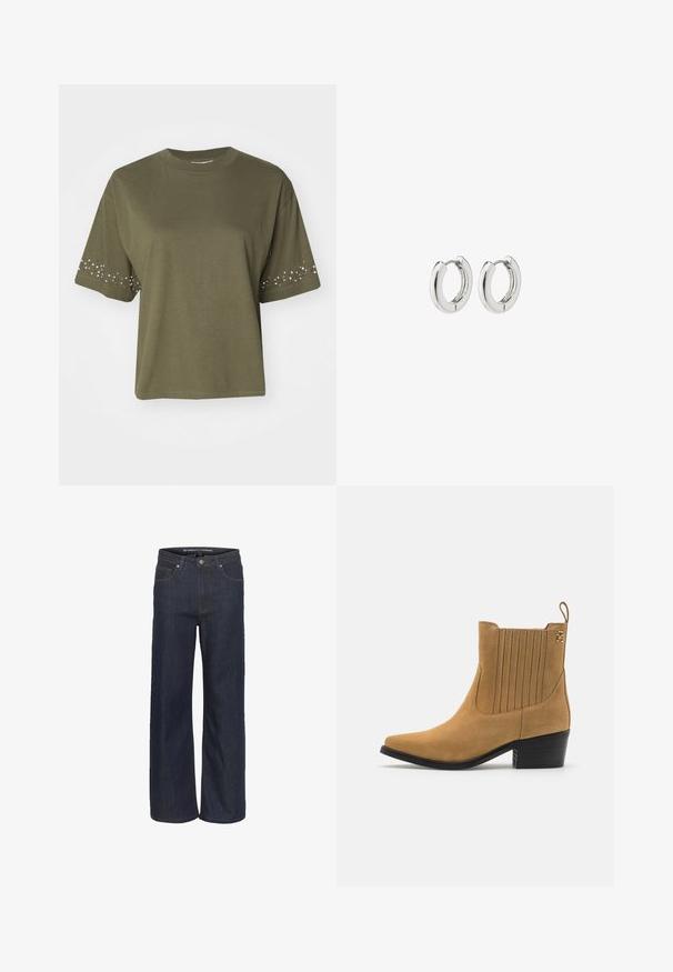 Alyvų žalios spalvos trumpomis rankovėmis medvilninė marškinėliai, laisvo silueto, su dekoratyvinėmis cirkonio detalėmis ant rankovių.; Tamsiai mėlynos džinsinės plačios kelnes su didele juosmeniu, turinčios penkias kišenes, kontrastingą siuvinėjimą ir neapdorotą apačią.; Smėliniai suedinių kulkšninių batų su smailiu padu, raštuotomis šoninėmis plokštelėmis ir juodu blokuota pakulne. Yra kilpa, skirta lengvam užsimovimui.; Sidabriniai auskarai su poliruotu paviršiumi, turintys apvalią dizaino formą ir be siūlių vyriukus, rodantys lygų paviršių.