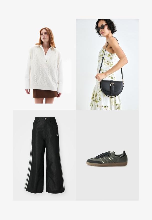Übergroßer weißer Strickpullover mit Zopfmuster, über einem weißen Hemd getragen, kombiniert mit einem braunen Minirock und schwarzen, kniehohen Stiefeln mit Absatz.; Schwarze, weit geschnittene Jeans mit drei weißen Streifen an jeder Seite und einem kleinen weißen Logo. Mit vorderen Taschen und einem Knopfverschluss.; adidas Originals SAMBA OG - Sneaker low - core black/legend earth/gum; Schwarze Lederhandtasche mit geschwungener Form, abnehmbarem Tragegurt und goldenen Beschlägen. Die Tasche verfügt über einen Deckel mit einer Schnallen-Details.