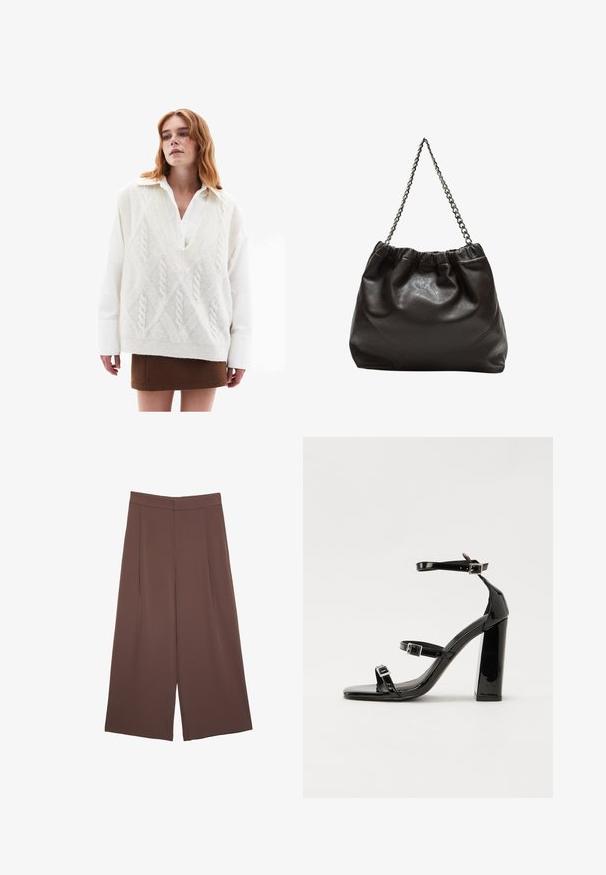 Maglione bianco oversized in maglia con motivo a treccia, indossato sopra una camicia bianca, abbinato a una minigonna marrone e stivali neri con tacco al ginocchio.; Pantaloni ampi marroni con una texture liscia, caratterizzati da una vita alta e pieghe frontali. Il tessuto è leggero e scorre liberamente.; Sandali con tacco in vernice nera, con punta squadrata, cinturini alla caviglia e fibbie in argento. Presentano un tacco a blocco spesso per maggiore stabilità.; Borsa in pelle marrone con parte superiore arricciata e tracolla a catena. Texture liscia con finitura lucida e dettagli di cucitura sottili sui lati.