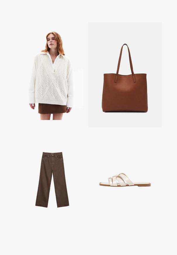 Yli suuri valkoinen neulepaita, jossa on kerroskuvio, valkoisen paidan päällä, yhdistetty ruskean minihameen ja polveen ulottuvien mustien korkokenkien kanssa.; Leviittävät ruskeat farkut, jotka on valmistettu denimistä, korkea vyötärö, etutaskut ja klassinen nappikiinnitys. Silkkinen pinta hienovaraisella ompelutyöllä.; Tason vaaleanruskealla kumipohjalla, jossa on kolme päällekkäistä valkoista nahkaremmiä ja pieni satiininen rusetti keskellä.; Ruskea nahkainen olkalaukku, jossa on sileä pinta, avoin yläosa ja kaksi olkahihnaa. Omaavat vain minimaalisen ompelun eikä näkyvää metalliosaa.