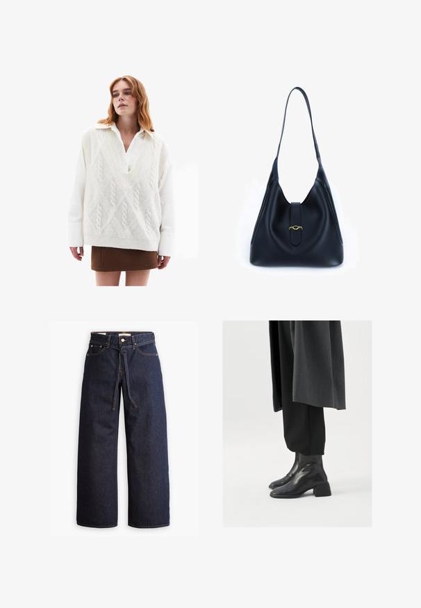 Übergroßer weißer Strickpullover mit Zopfmuster, über einem weißen Hemd getragen, kombiniert mit einem braunen Minirock und schwarzen, kniehohen Stiefeln mit Absatz.; Weite, dunkelblaue Jeans aus Denim mit hoher Taille, ausgestattet mit einem Kordelzug, fünf Taschen und kontrastierenden Nähdetails.; Schwarze Lederstiefeletten mit quadratischer Zehenform und dicker Absatz, getragen mit lockeren schwarzen Hosen und einem dunkelgrauen Mantel. Glatte Oberflächenstruktur.; Schwarze Lederhandtasche mit einem weichen, lässigen Design. Verfügt über einen flachen Trageriemen und einen zentralen Verschluss, der mit einem goldenen Akzent verziert ist.