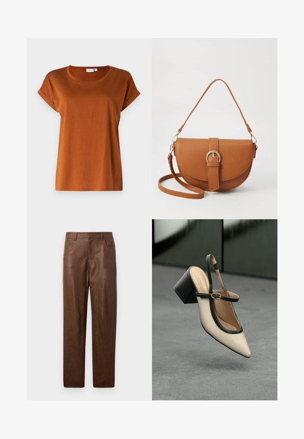VILA VIDREAMERS NEW NOOS - Basic póló - caramel café; Barna bőrnadrág sima textúrával, egyenes lábformával és két oldalzsebből áll. Jellemzője a látható varrási részletek.; Beige, hegyes orrú, pántos cipő fekete díszítéssel, arany csattal és vastag blokk sarokkal, szürke padlón, sötétzöld háttér előtt.; Barna bőr keresztbody táska ívelt formával, aranyszínű fémrészekkel és csat díszítéssel. Levehető vállpánttal rendelkezik.