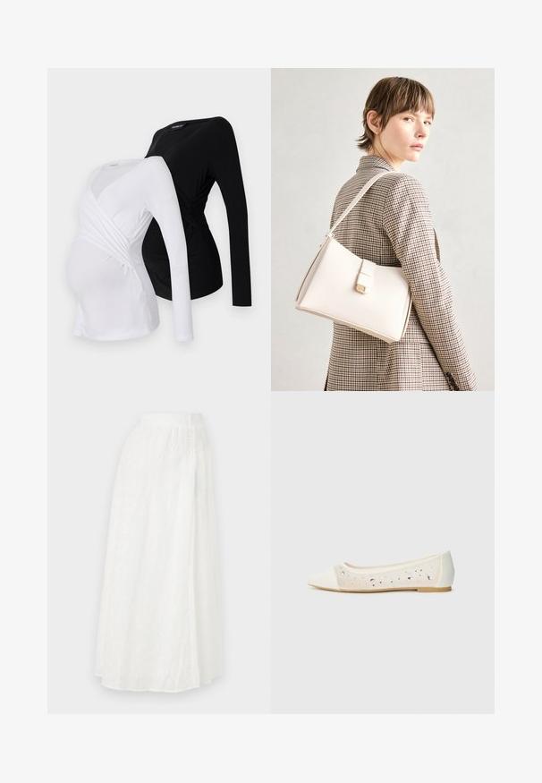 Duas blusas de maternidade de mangas compridas em branco e preto. Apresentam um design cruzado, tecido macio e bainha curva para um ajuste confortável.; Saia maxi branca com cintura elástica, apresentando um padrão floral texturizado e recortes com efeito renda em todo o tecido.; Sandal com biqueira apontada em pele creme com parte superior transparente decorada com strass dispersos. Sola macia para conforto, design minimalista.; Bolsa de mão em couro branco com um design estruturado, apresentando um fecho magnético e uma alça de ombro, exibida sobre um fundo neutro.