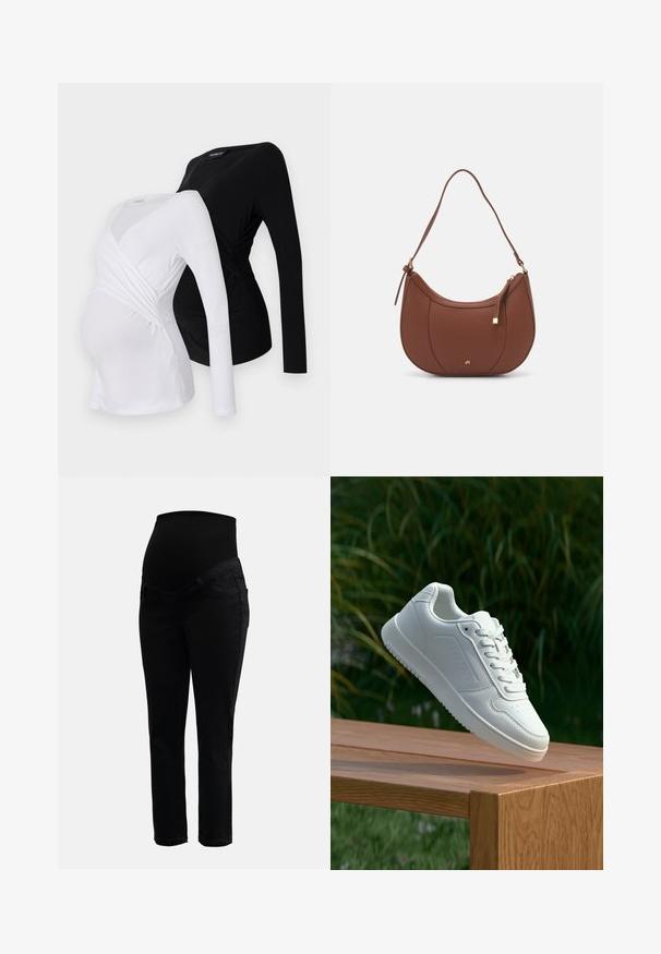 Two long-sleeve maternity tops in white and black. Features a crossover design, soft fabric, and curved hemline for comfortable fit.; Black maternity jeans with stretchy high waistband and slim-fit legs, designed for comfort and support during pregnancy.; White sneaker with a smooth synthetic upper, perforated toe box, flat laces, and a textured sole, displayed on a wooden surface.; Brown faux leather shoulder bag with curved shape, minimal stitching, and a gold-tone hardware accent. Features a top zipper closure and adjustable strap.