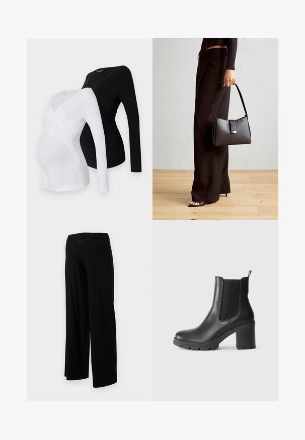 Duas blusas de maternidade de mangas compridas em branco e preto. Apresentam um design cruzado, tecido macio e bainha curva para um ajuste confortável.; Calças largas pretas com uma cintura elástica e uma textura suave e elástica. Apresenta um design simples, sem padrões ou adornos.; Bota de tornozelo em couro preto com painéis laterais elásticos, sola de borracha robusta e um salto bloco alto. Apresenta uma alça na parte de trás.; Bolsa preta com forma estruturada, textura suave e um fecho metálico. Combinada com calças largas pretas e sandálias de salto aberto sobre um chão de madeira.