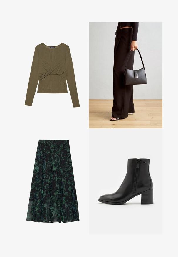 Oliivroheline pika varrukaga topp, mis on valmistatud soonikust kangast, funktsiooniga keeratud esiosa disain ja ümmargune kaelus.; Must have mustriga mustroomi lilla roheline lilleline muster, millel on frillied servad ja voldid. Valmistatud kergetest kangast, pakkudes voogavat siluetti.; Mustad mustad saapad, valmistatud siledast nahast, külgmise tõmblukuga. Omab teravat nina ja tekstuuriga plokkninat stabiilsuse tagamiseks.; Must musta kott, millel on struktureeritud kuju, sile tekstuur ja metallist klamber. Kombineeritud laiate mustade pükstega ja avatud varvaste sandaalidega puidust põrandal.