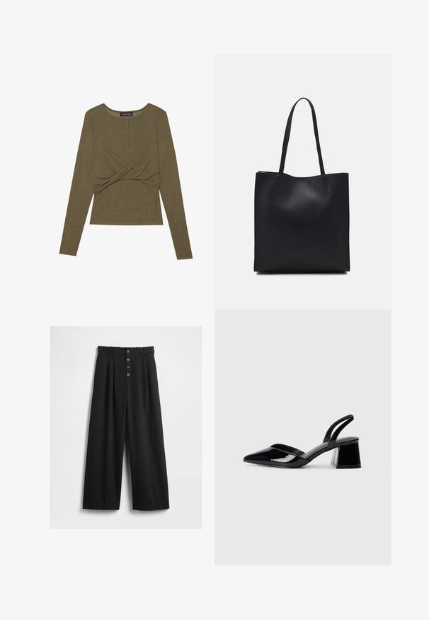 Oliivroheline pika varrukaga topp, mis on valmistatud soonikust kangast, funktsiooniga keeratud esiosa disain ja ümmargune kaelus.; Laiad mustad püksid, mis on valmistatud tekstuuriga kangast. Omab kõrget vööd, viie nööbiga esist fasteningut ja pressitud voldid lisadetailideks.; Mustad musta lakknahk kingad, millel on terav varvas ja geomeetriline plokkkonts. Omab elegantselt minimalistlikku disaini ja sujuvat tekstuuri.; Mustast nahast kott sujuva tekstuuriga, ristkülikukujuline ja kahe pika sangaga. Pole nähtavat riistvara ega kaunistusi.